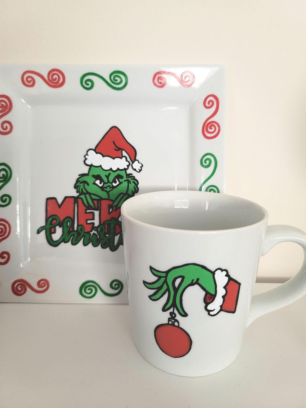 Hand Painted Grinch Plate and Mug Set, Christmas Gift