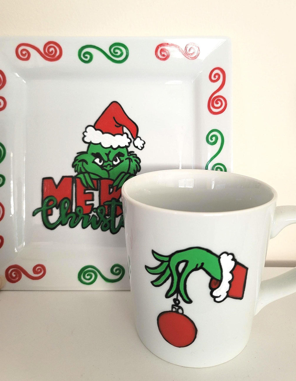 Hand Painted Grinch Plate and Mug Set, Christmas Gift