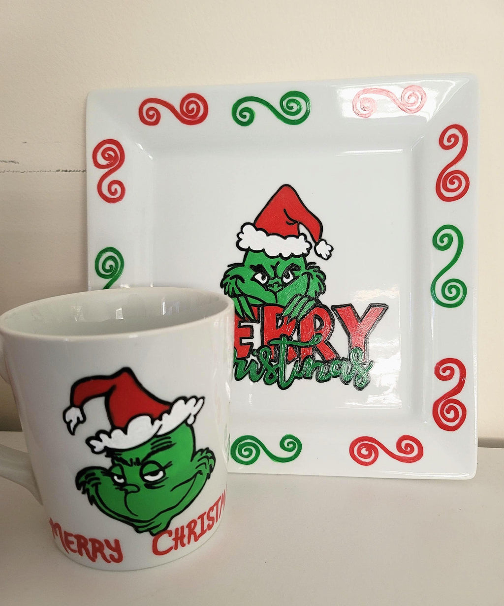 Hand Painted Grinch Plate and Mug Set, Christmas Gift