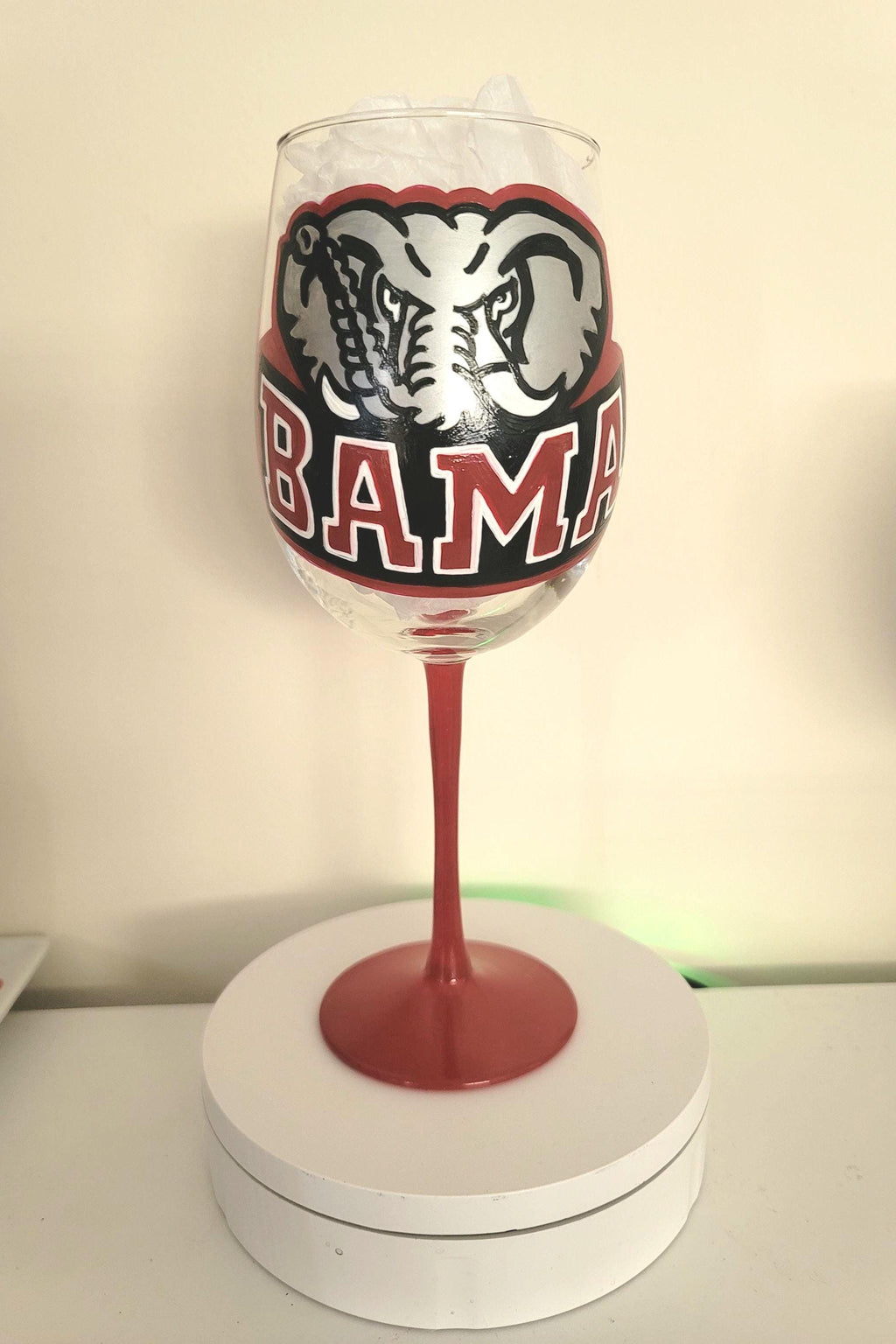 Alabama Crimson Tide Wine Glass, Hand Painted Roll Tide Barware