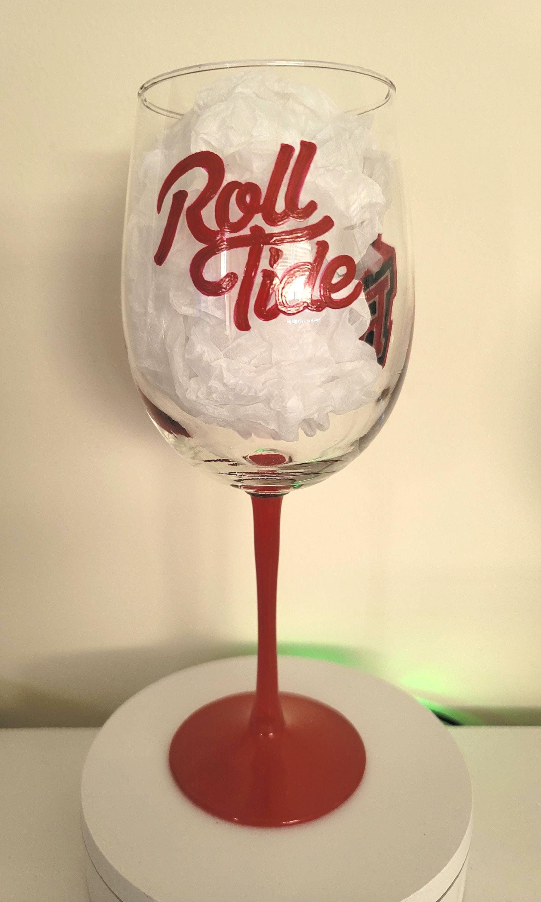 Alabama Crimson Tide Wine Glass, Hand Painted Roll Tide Barware