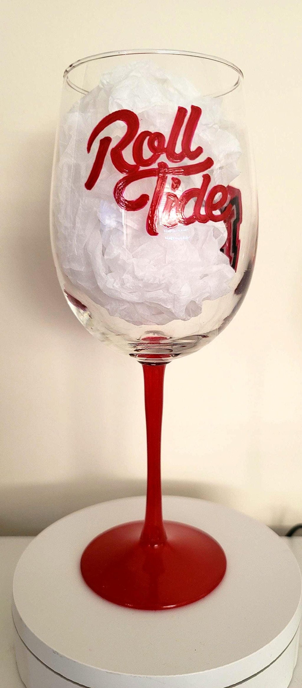 Alabama Crimson Tide Wine Glass, Hand Painted Roll Tide Barware
