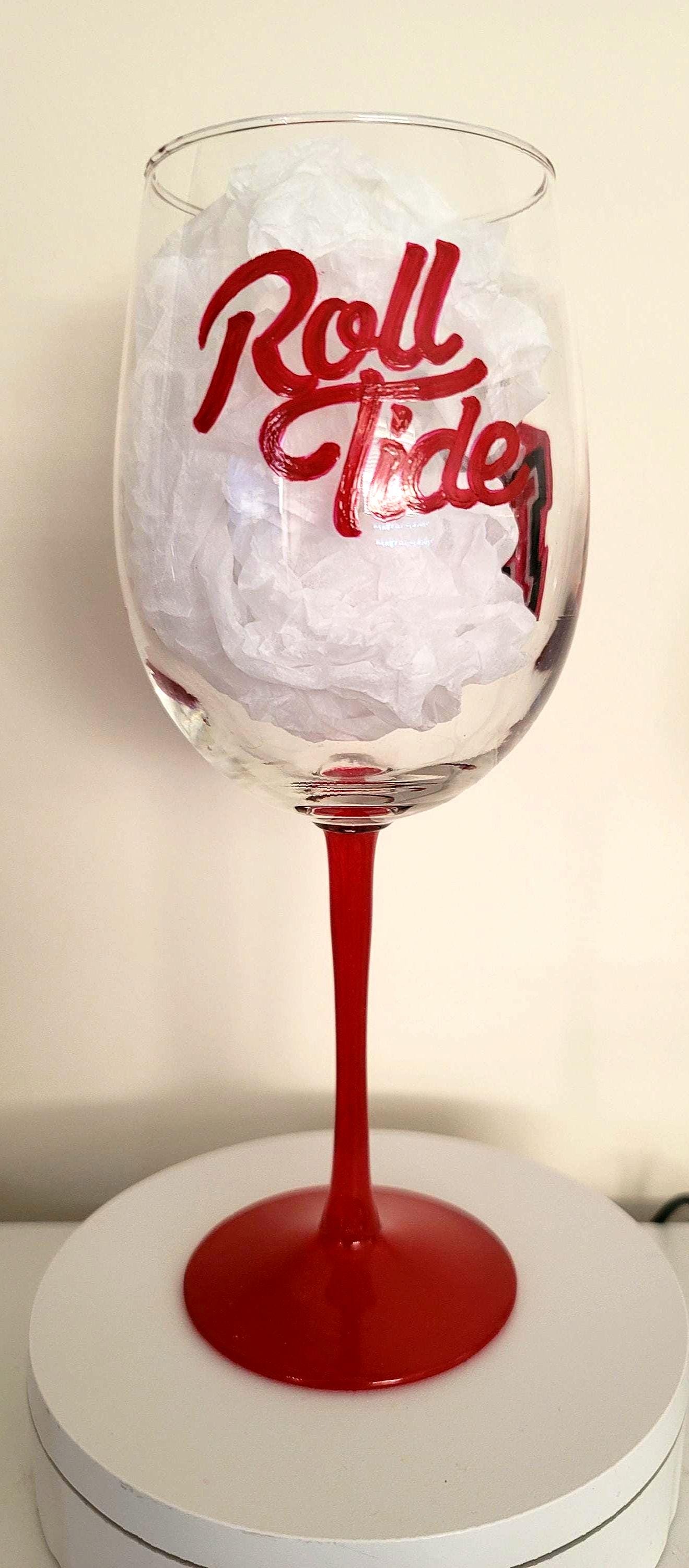 Alabama Crimson Tide Wine Glass, Hand Painted Roll Tide Barware