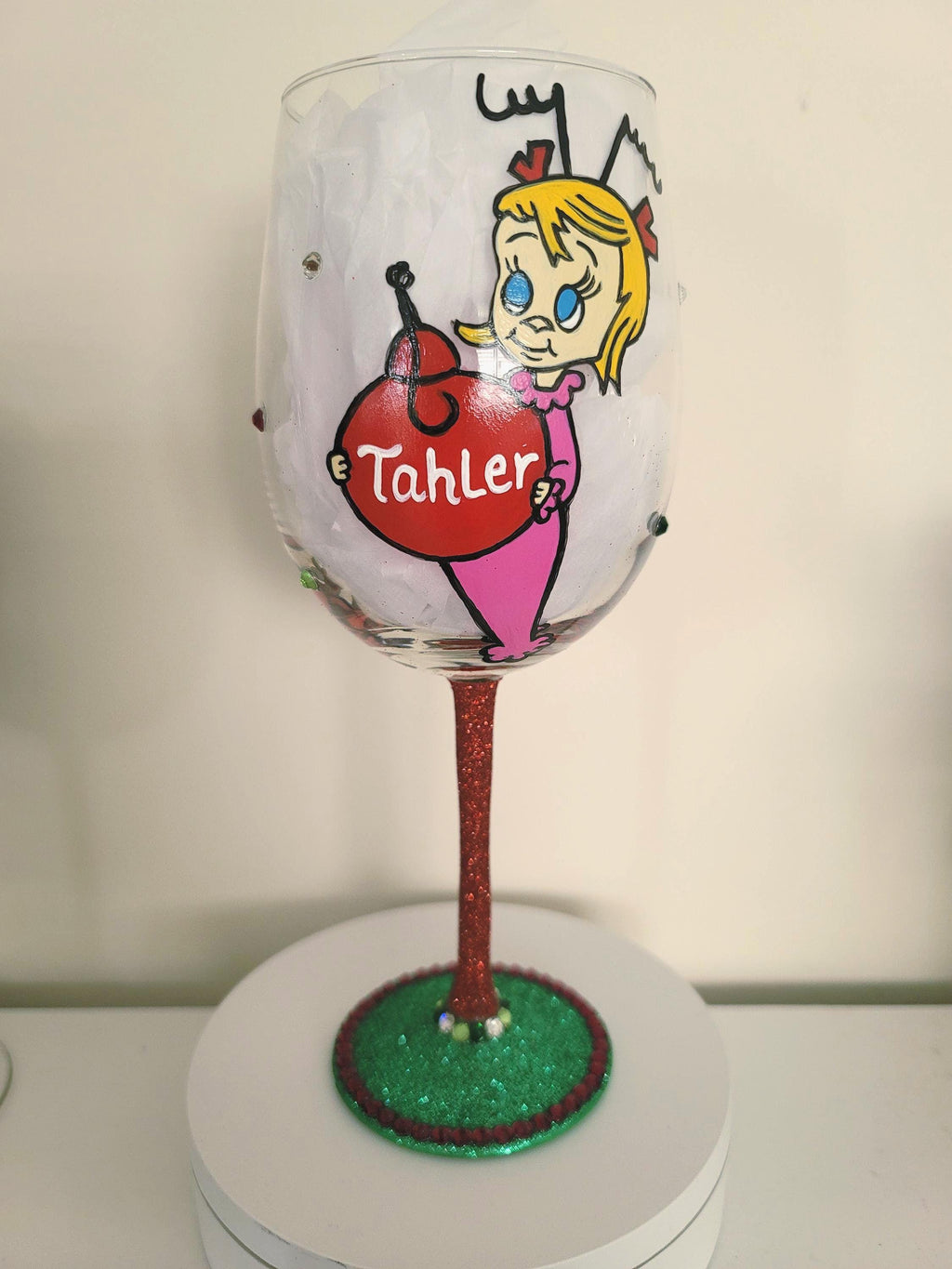 Hand Painted Grinch Wine Glass with Rhinestone Stem