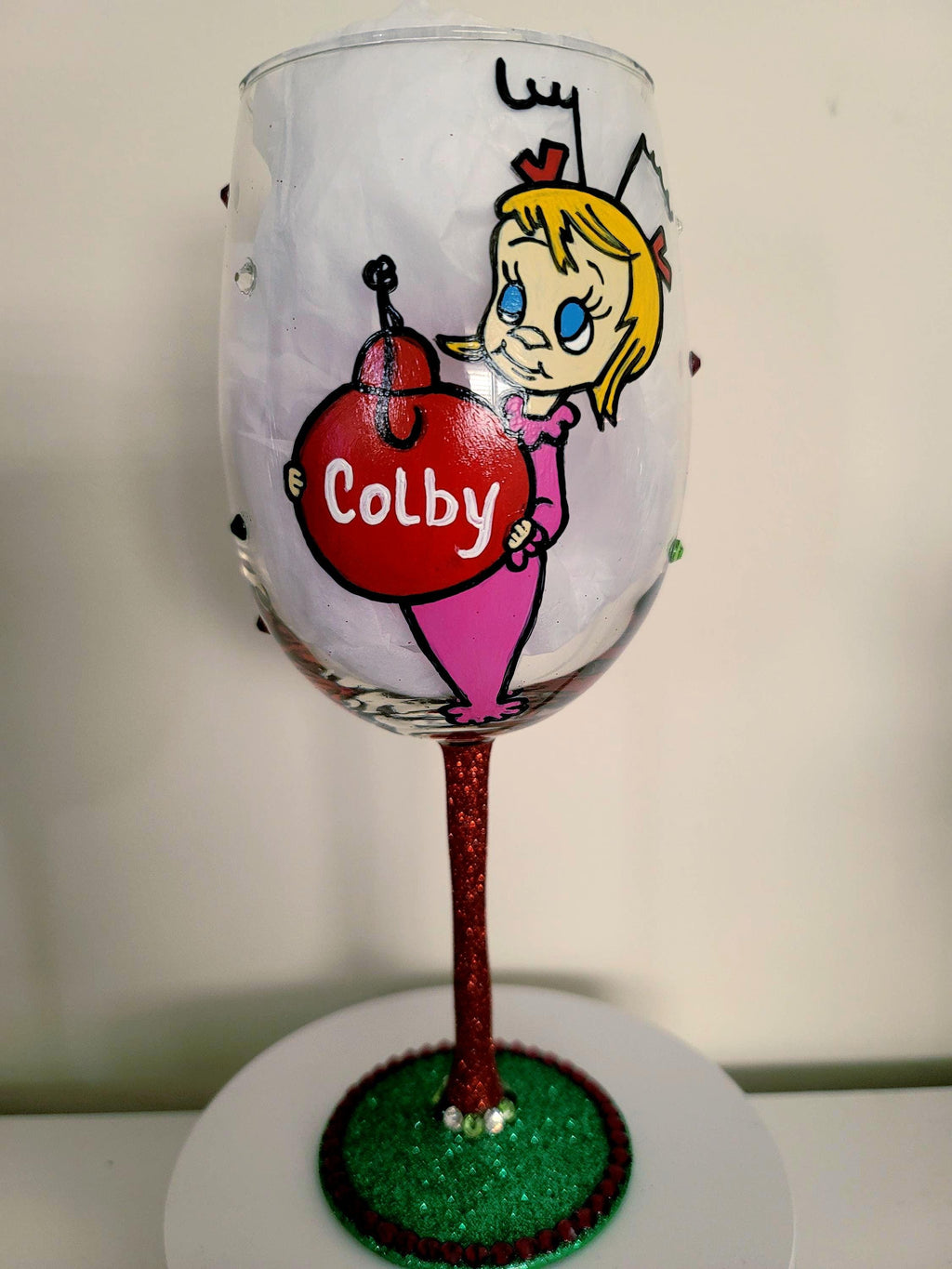 Hand Painted Grinch Wine Glass with Rhinestone Stem