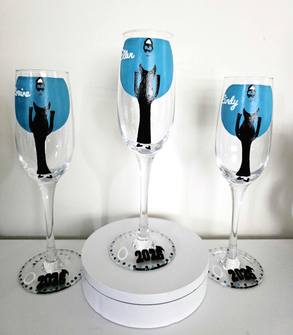 Hand Painted Breakfast at Tiffany's Champagne Glasses, Graduation Gift/Class of 2026/Graduation Tea