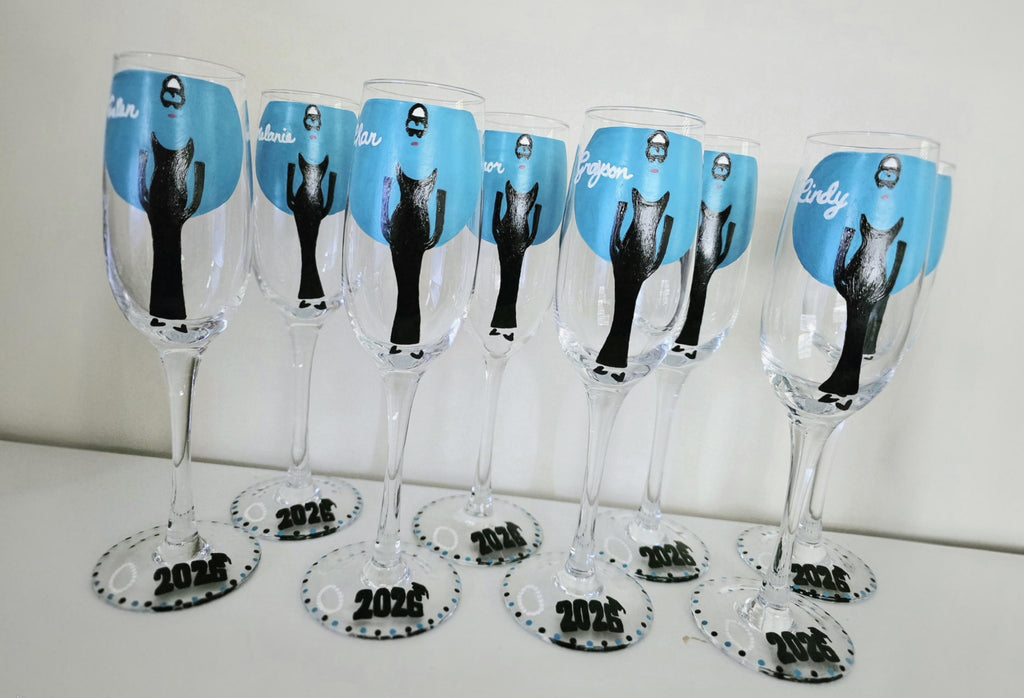 Hand Painted Breakfast at Tiffany's Champagne Glasses, Graduation Gift/Class of 2026/Graduation Tea
