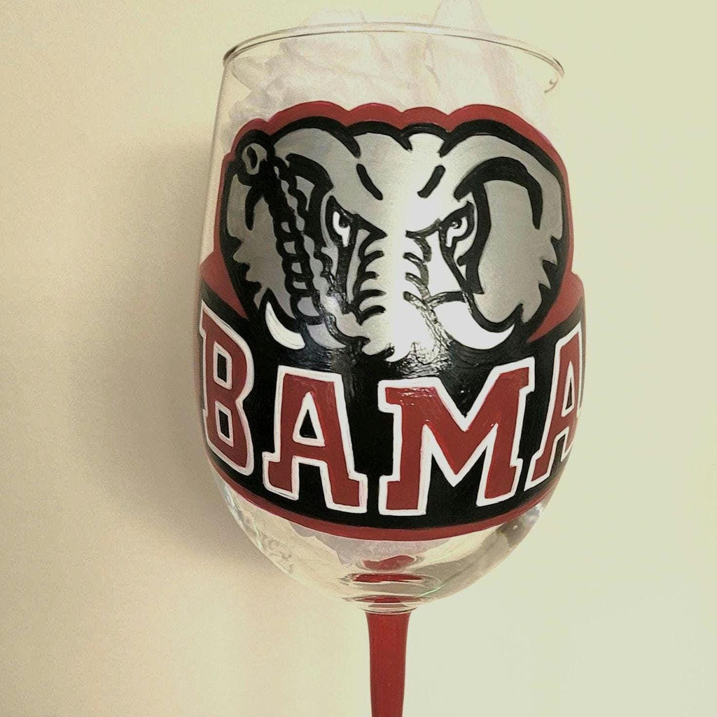 Alabama Crimson Tide Wine Glass, Hand Painted Roll Tide Barware