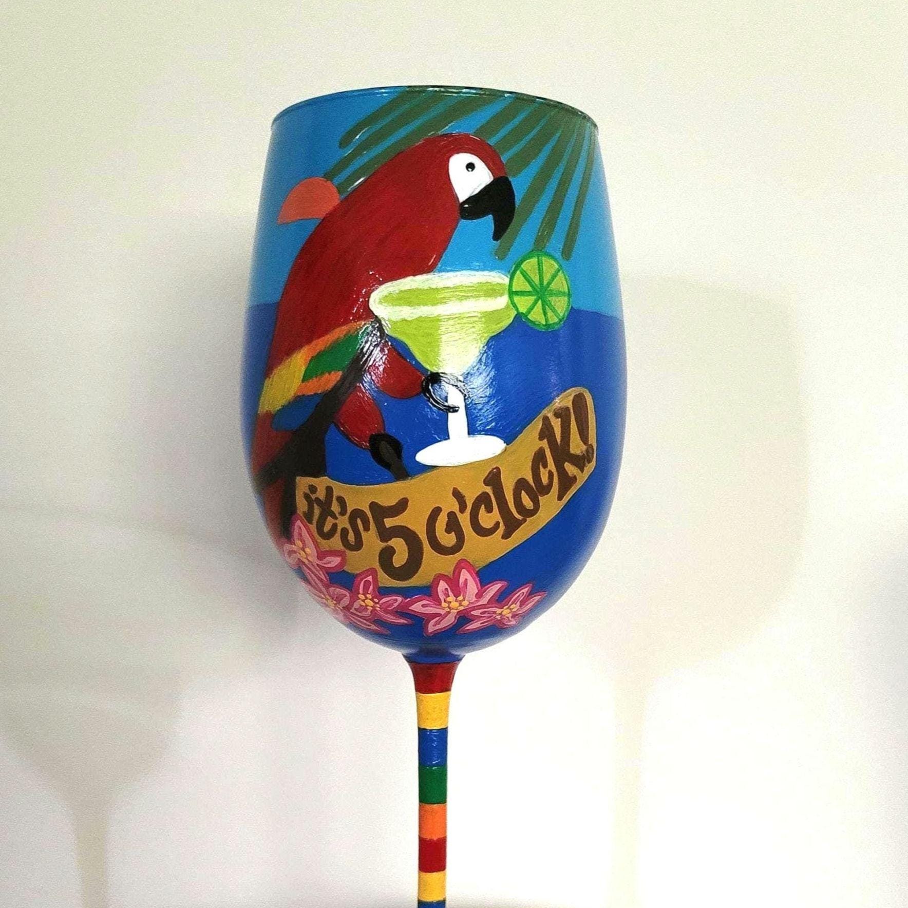 Hand Painted Tropical Parrot Wine Glass: Beach Party Theme