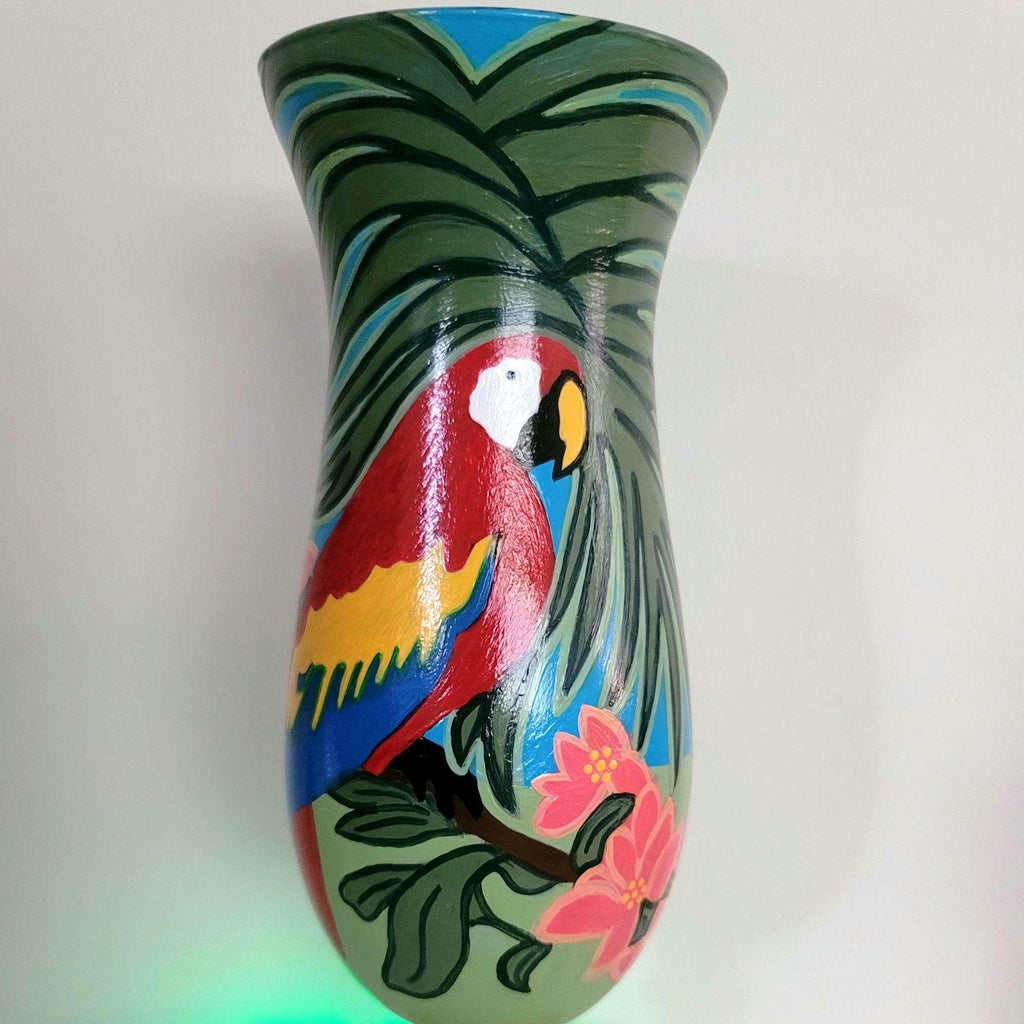 Hand Painted Tropical Parrot Hurricane Glass, Seashell Accent