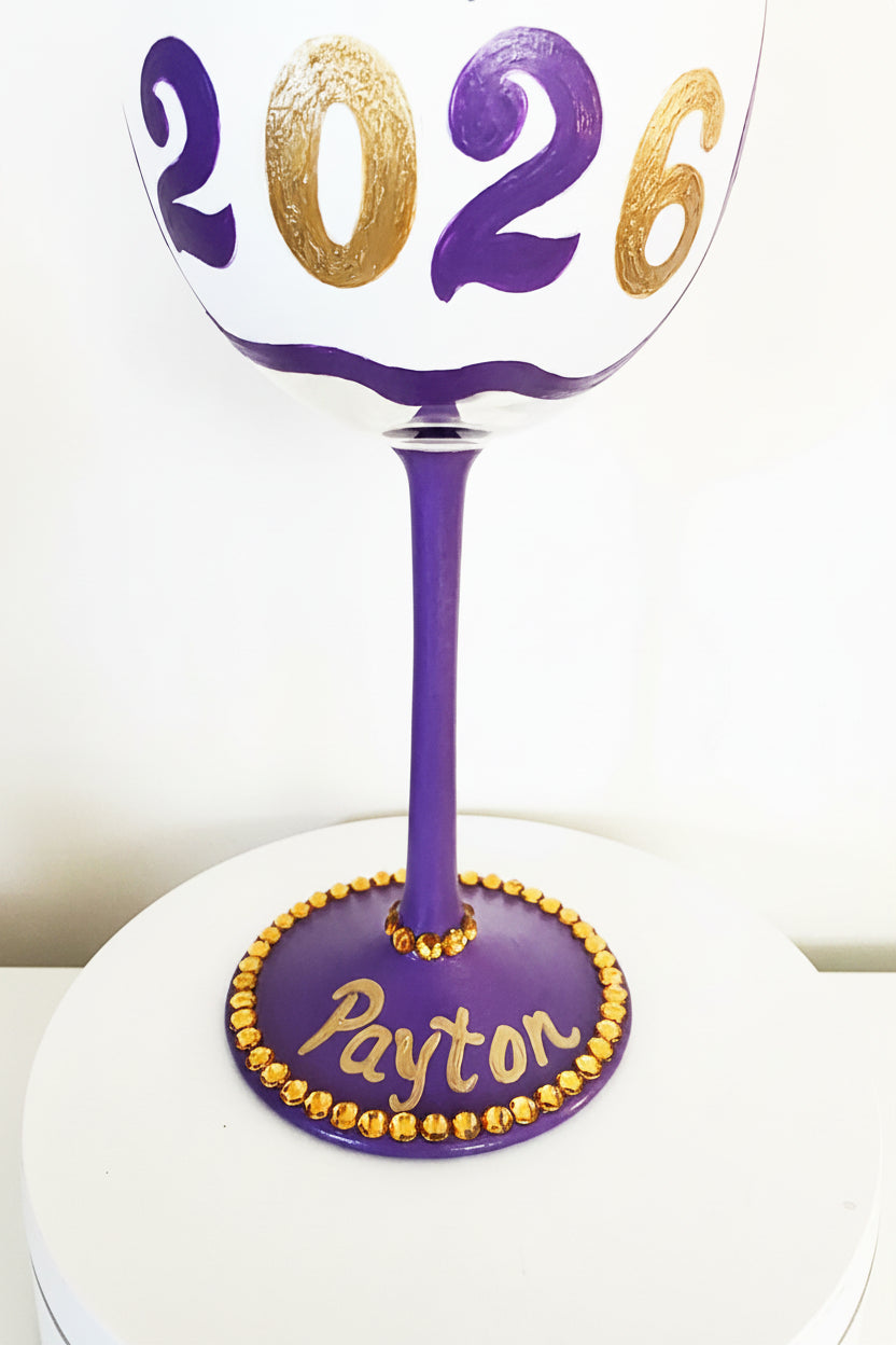 Hand Painted James Madison University wine glass,Graduation glass, College glassware