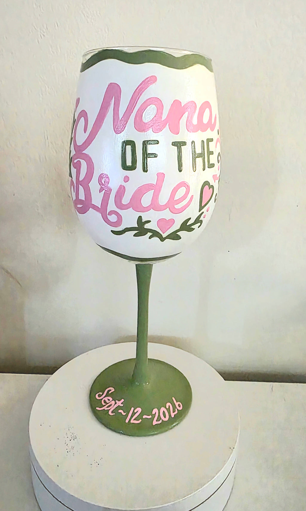 Custom Design Nana of the Bride  hand painted wedding wine glass, Gift glassware, wedding barware, custom glass