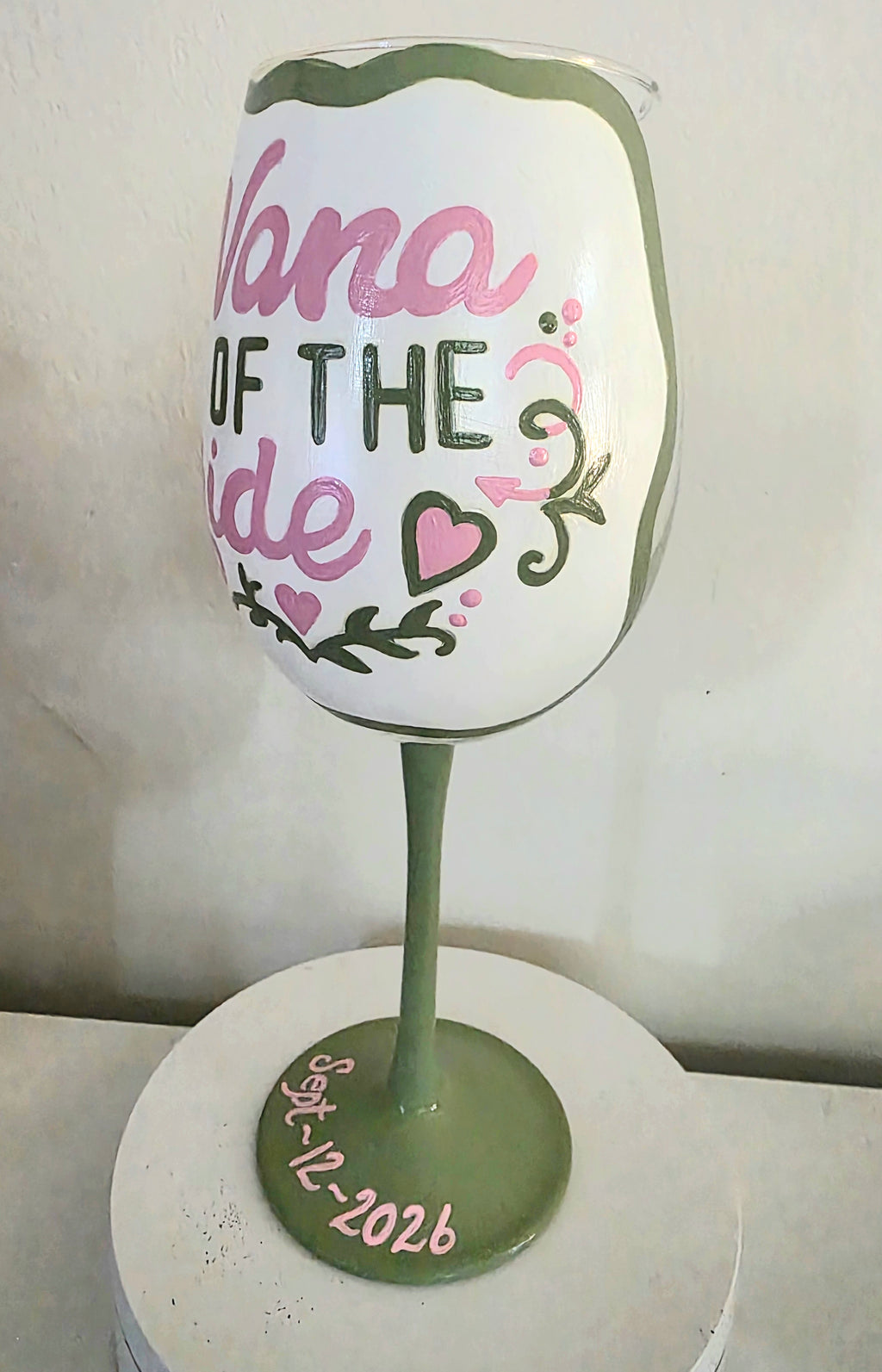 Custom Design Nana of the Bride  hand painted wedding wine glass, Gift glassware, wedding barware, custom glass