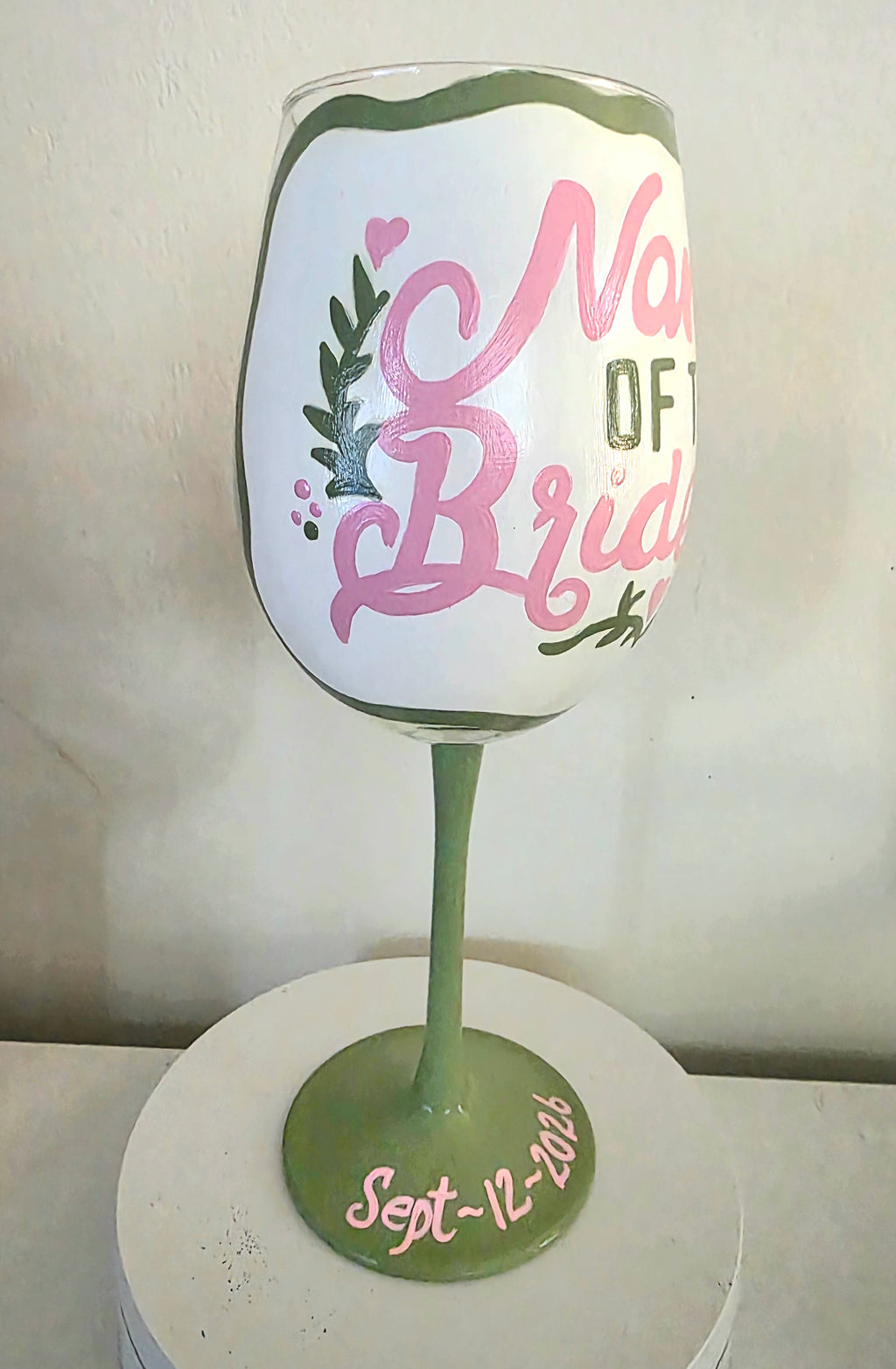 Custom Design Nana of the Bride  hand painted wedding wine glass, Gift glassware, wedding barware, custom glass